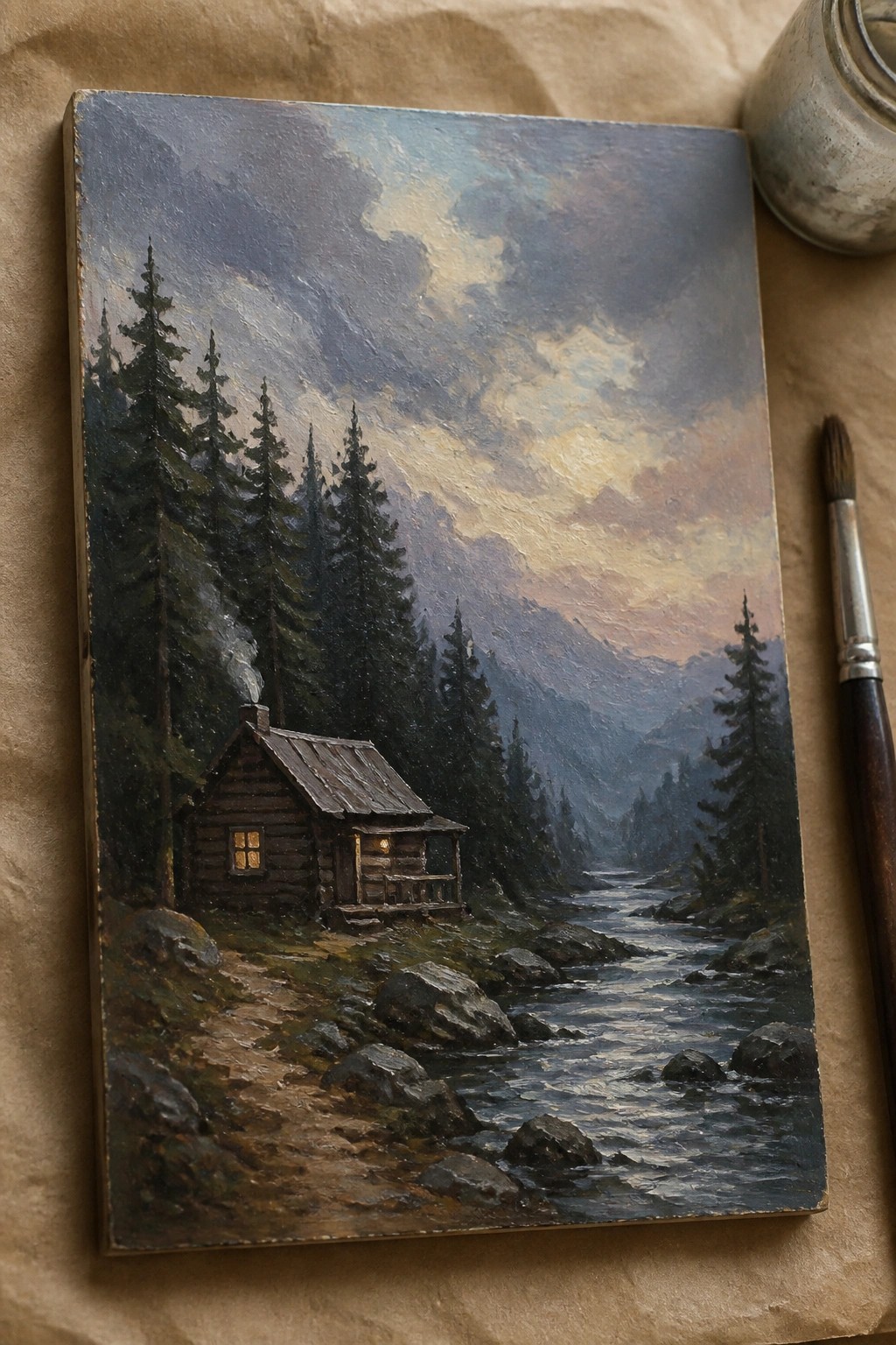 Oil painting of log cabin with glowing windows by river in misty mountains