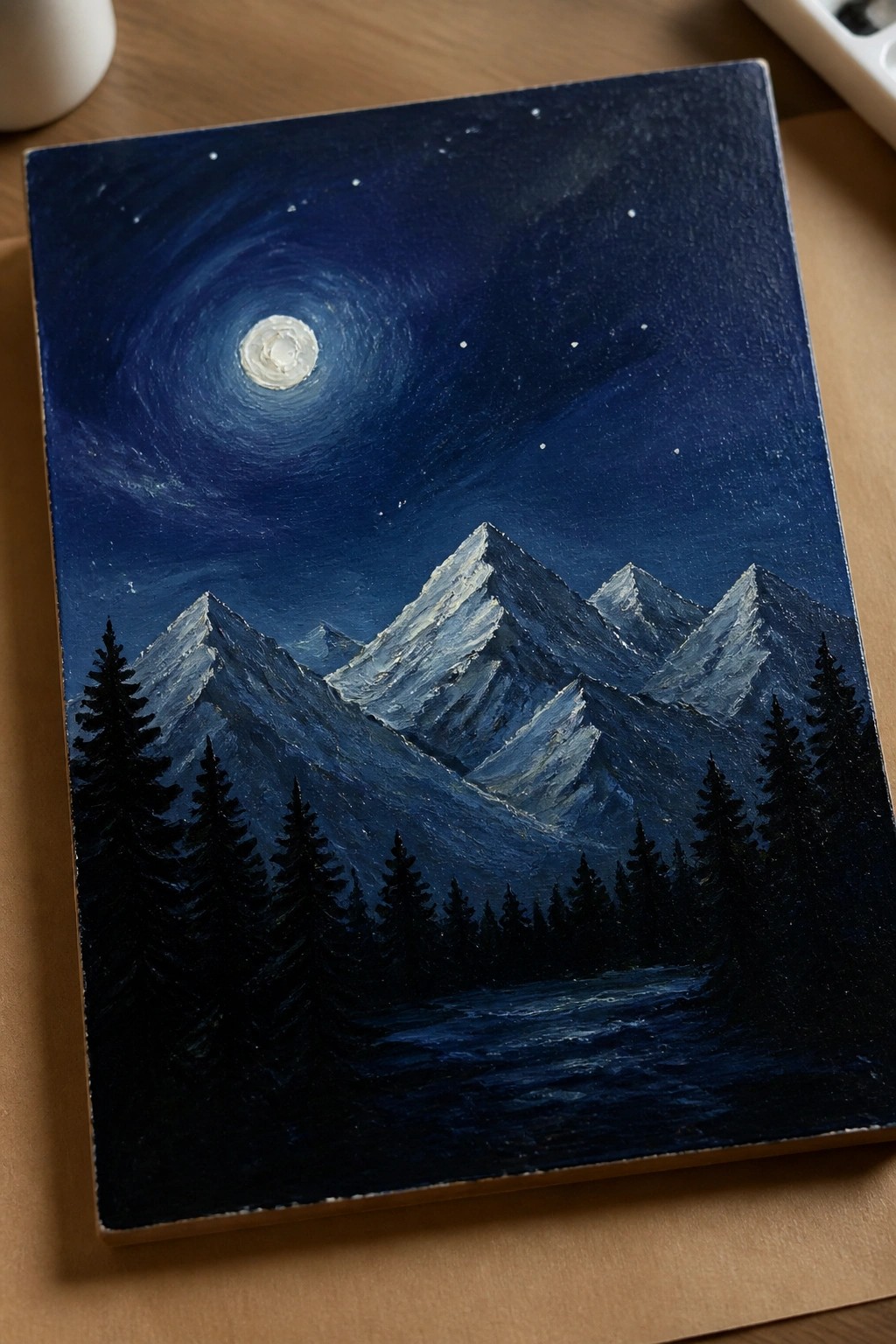 Night landscape painting with full moon, stars, snowy mountains, pine trees, and stream.