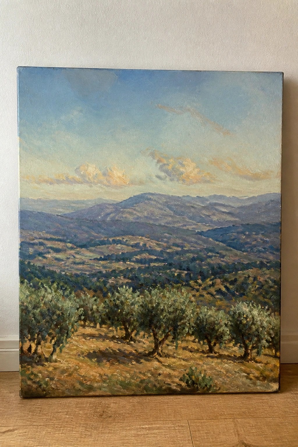 Oil painting of olive trees overlooking rolling hills and distant mountains under a sunset sky.
