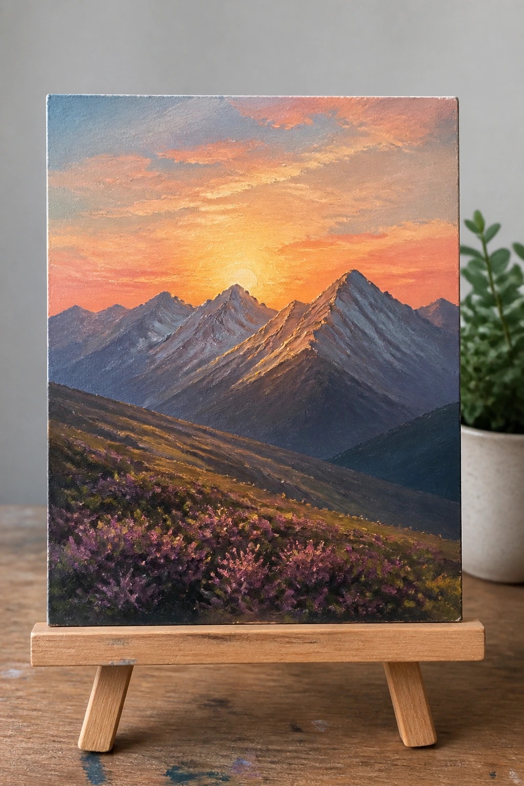 Sunset mountain landscape painting with purple flowers on wooden easel
