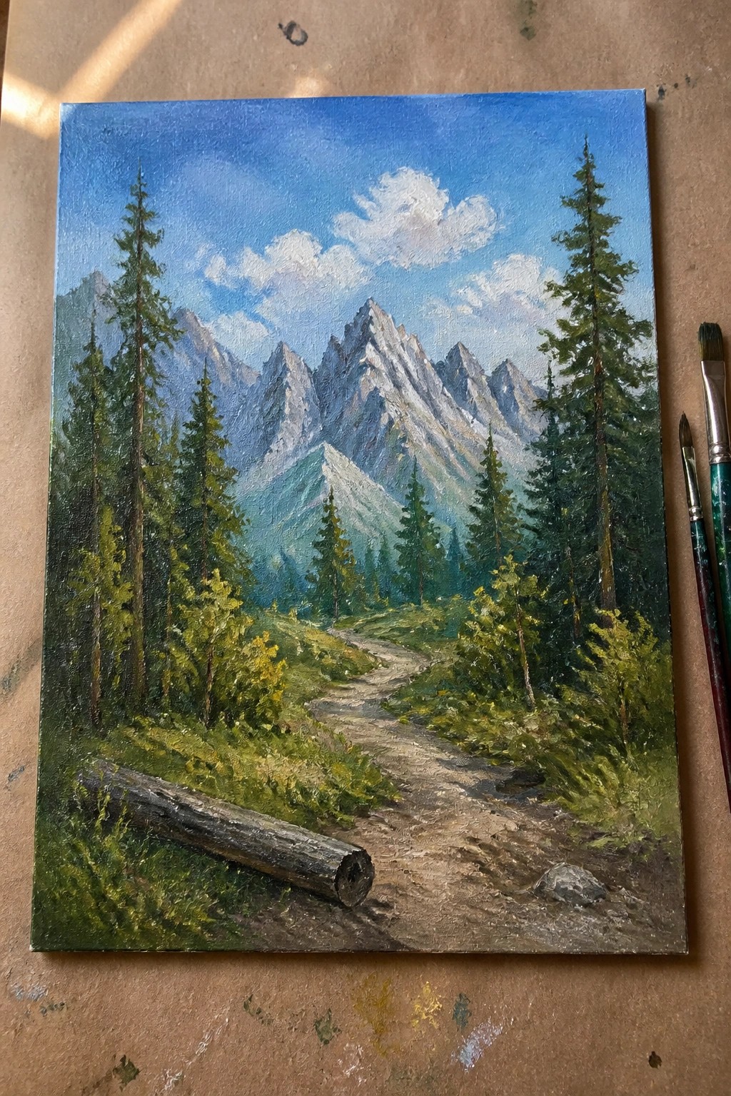Realistic landscape painting of pine-lined trail to jagged mountains, paintbrushes beside canvas