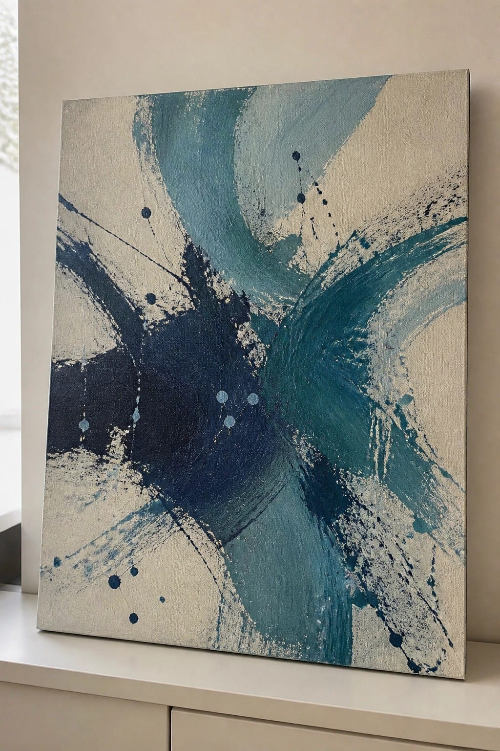 Abstract painting with teal navy blue strokes and splatters on beige canvas against wall
