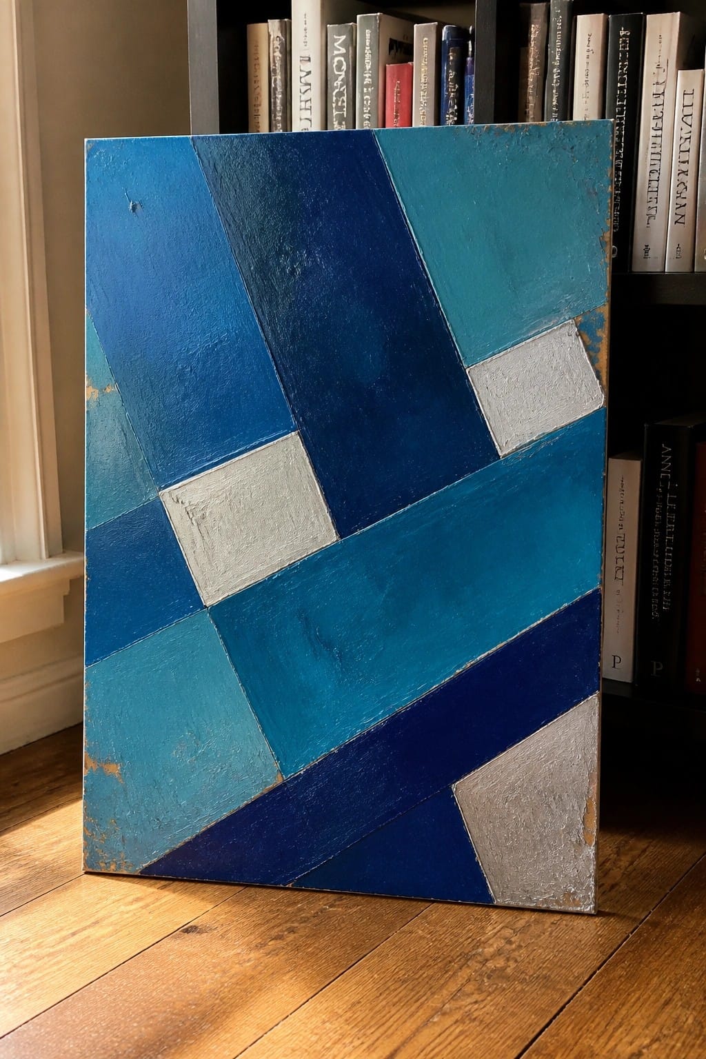 A rectangular abstract oil painting composed of various blue geometric shapes with silver accents leaning against a bookshelf.
