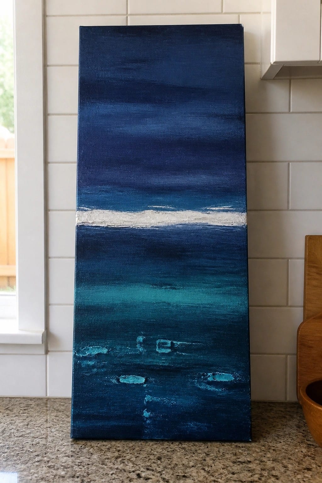 Tall abstract painting with blue gradient and white horizontal stripe on canvas