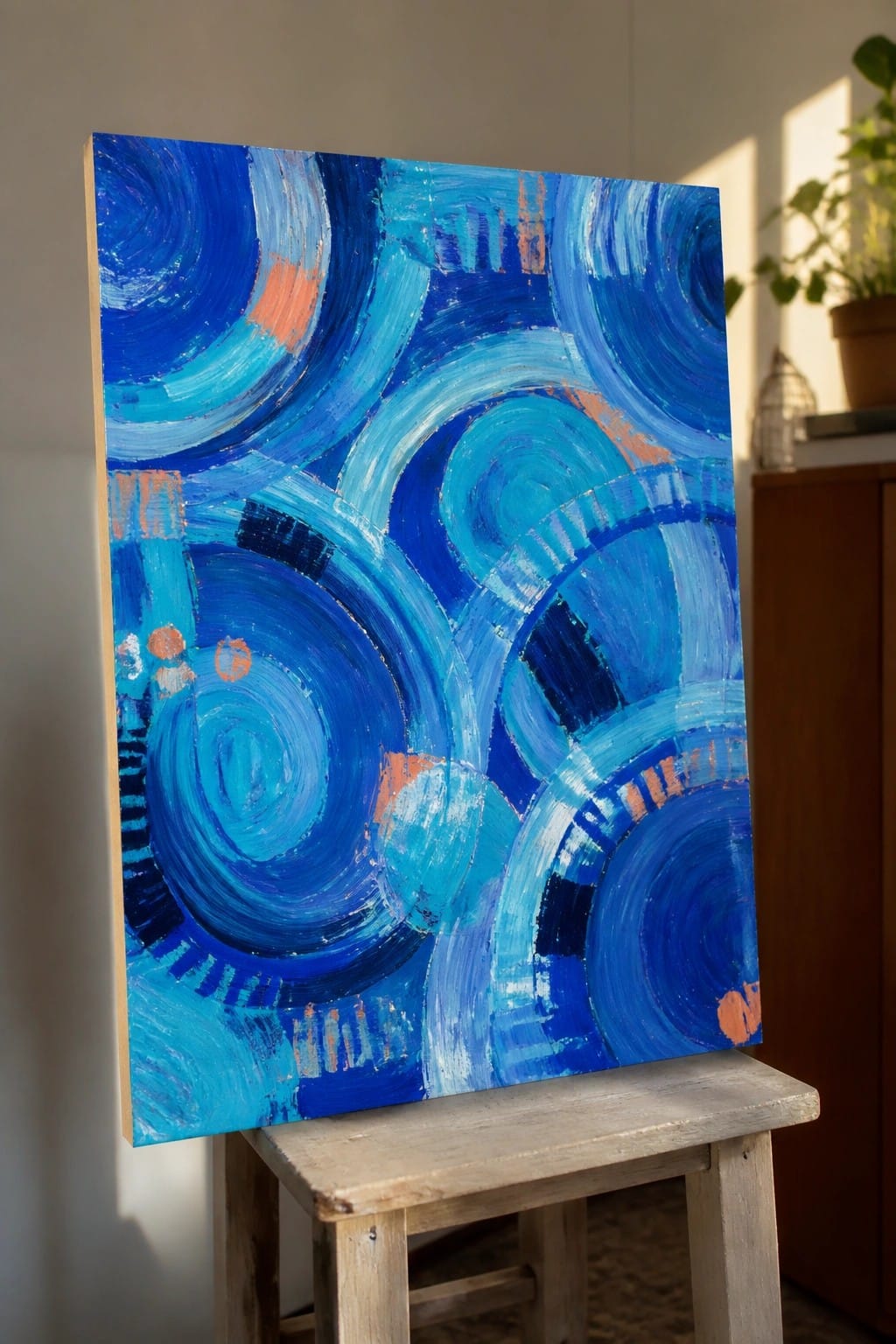 Abstract blue painting with swirling circles and orange accents on wooden stool