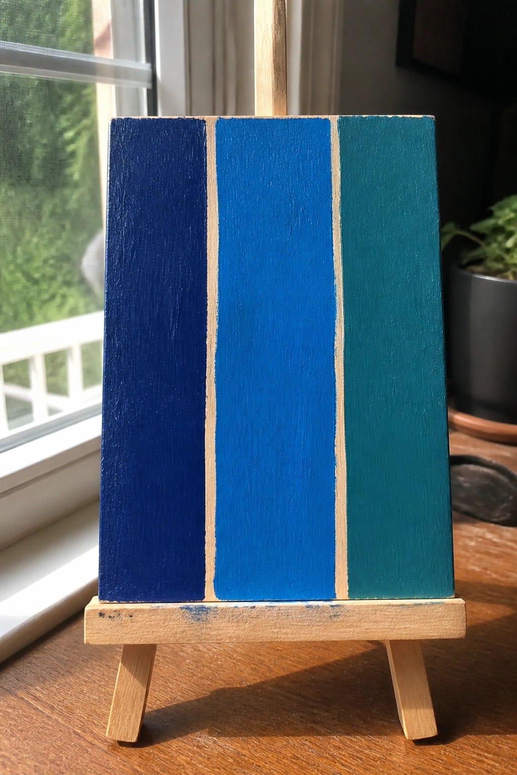 Small canvas on easel with three vertical blue and teal stripes