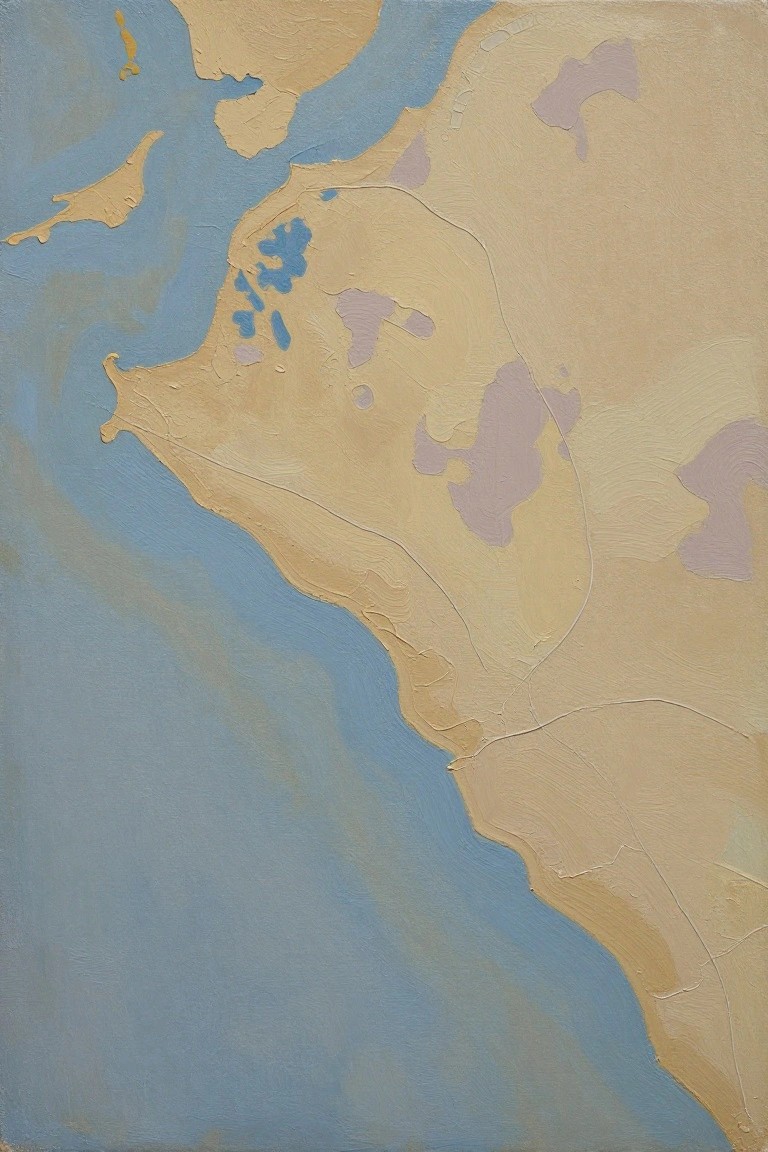 Abstract painting of beige landmasses, blue waters, and purple patches with textured strokes