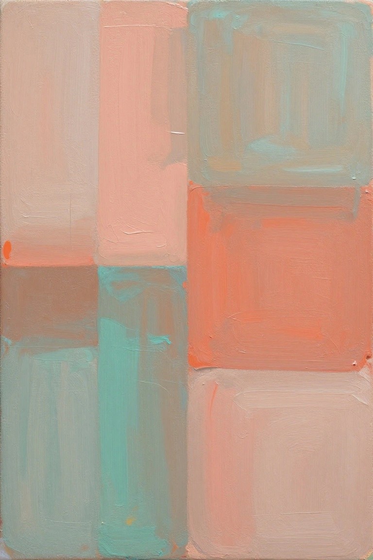 An abstract oil painting composed of overlapping rectangular blocks in shades of coral, peach, teal, and beige with visible brushstrokes.