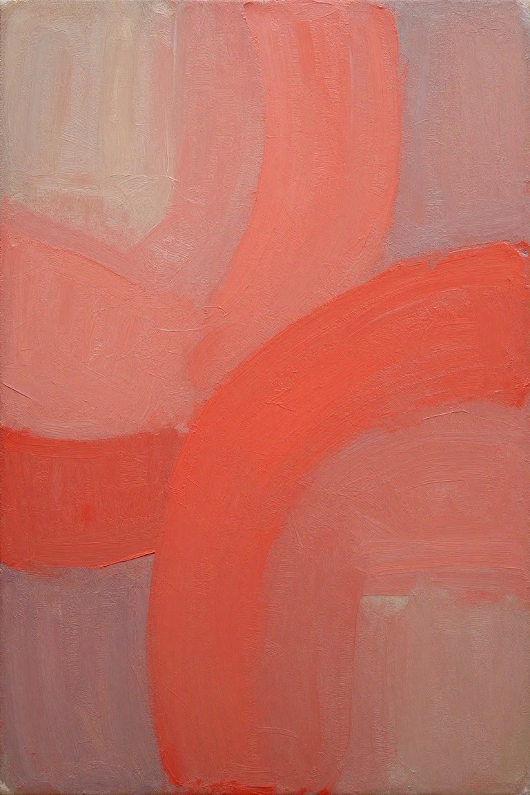Abstract painting of overlapping curved shapes in coral red and pink hues.