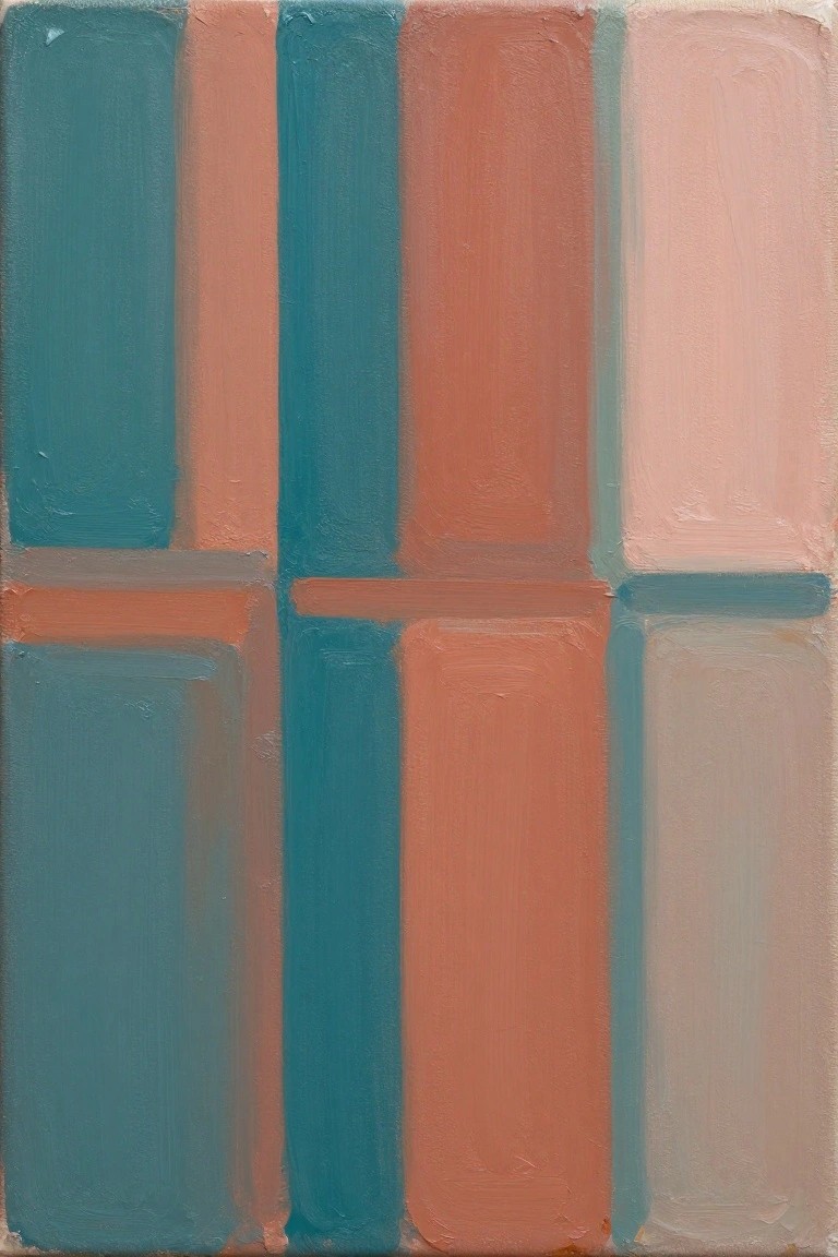 Abstract painting with teal, coral, and peach vertical color blocks and rectangles.