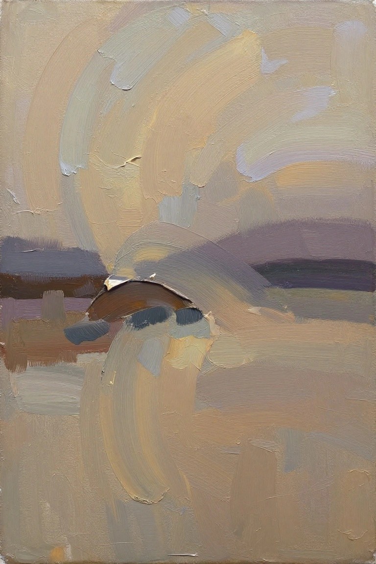 Abstract painting with thick curved brushstrokes in beige, brown, and purple tones.