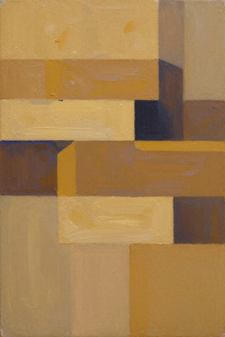 Abstract geometric painting with overlapping rectangles in yellow and brown tones.
