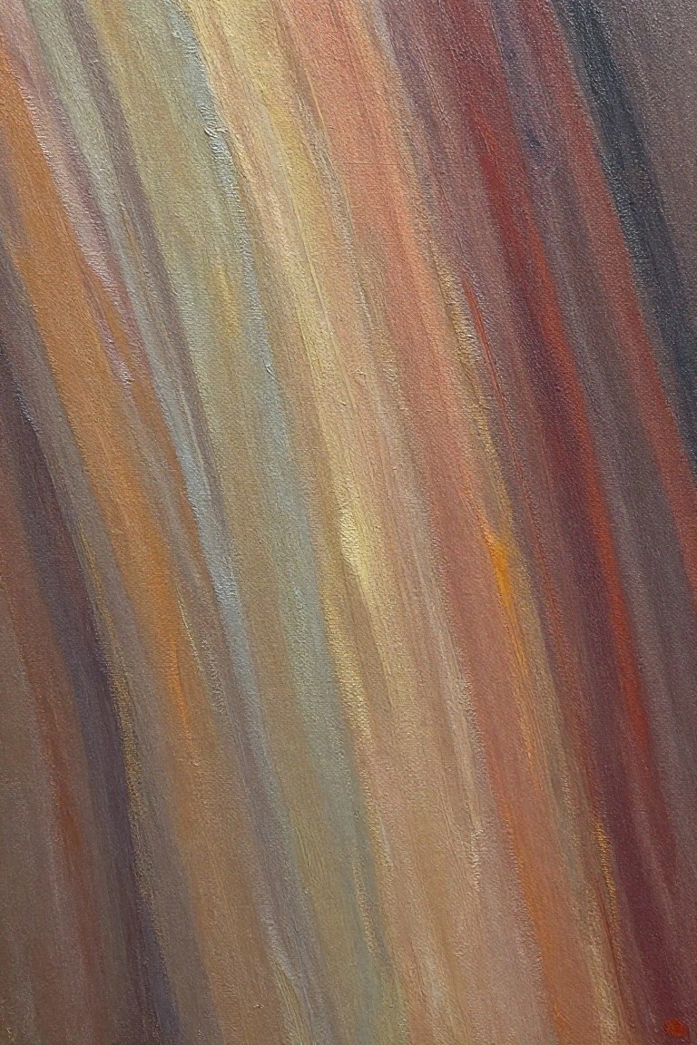Abstract painting with textured diagonal brushstrokes in earthy browns oranges reds and golds