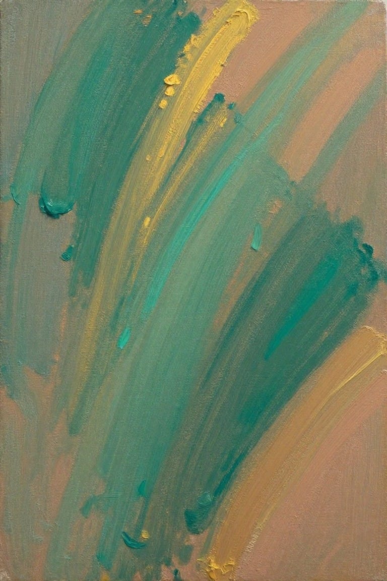An abstract oil painting with sweeping diagonal brushstrokes in teal, green, yellow, and peach tones on a textured canvas.