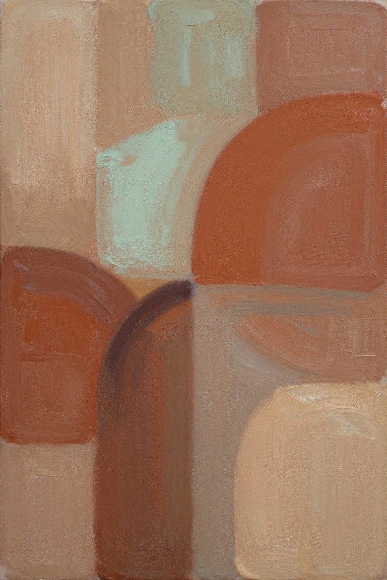 An abstract oil painting with overlapping curved and rectangular shapes in brown, orange, beige, and muted green tones.