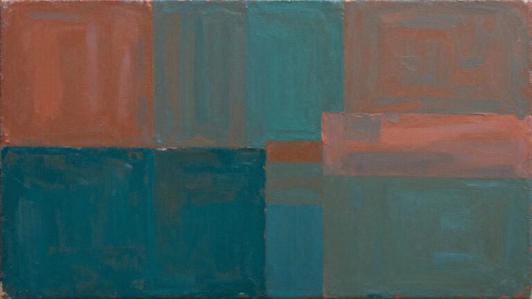 19 Contemporary Abstract Oil Paintings in Rich Layers and Modern Color Palettes Abstract painting with teal, coral, and peach vertical color blocks and rectangles.