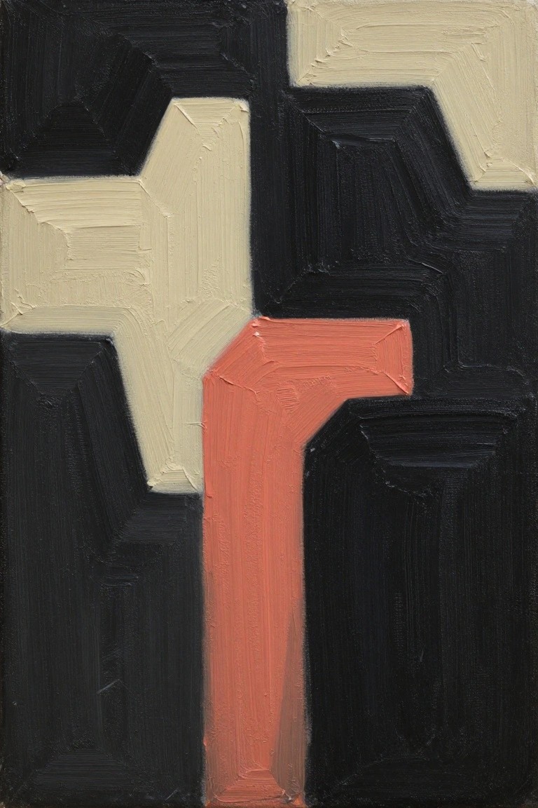 An abstract oil painting of interlocking angular shapes in black, off-white, and coral red with thick visible brushstrokes.