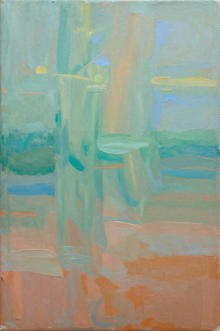 An abstract oil painting with soft overlapping strokes of green, blue, orange, and peach in vertical and horizontal forms.