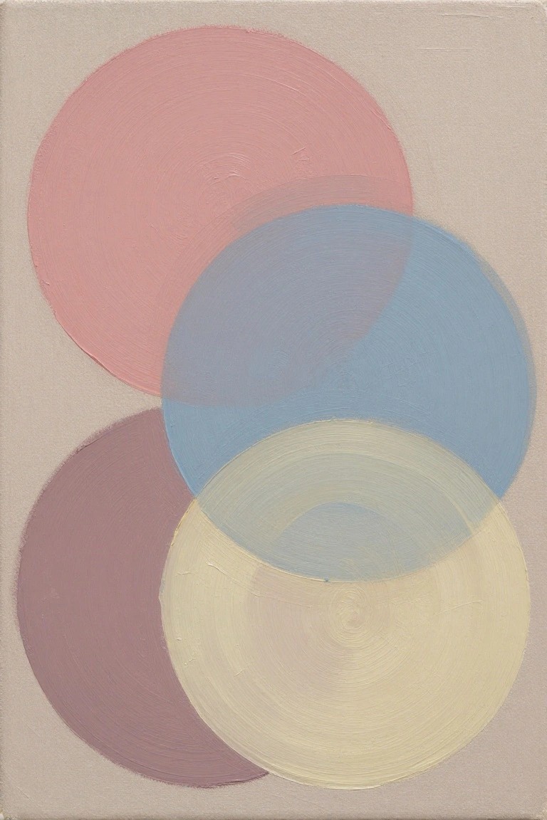 Abstract painting of overlapping pastel circles in pink, blue, purple, and cream.