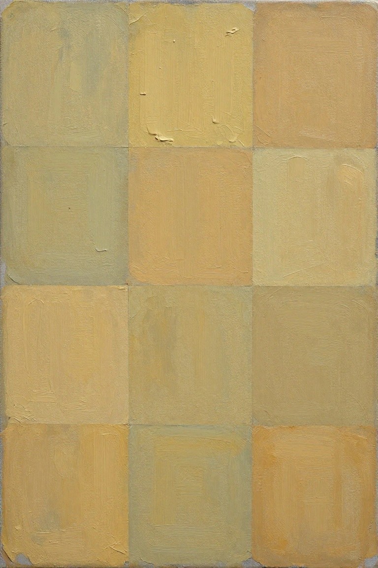 Abstract grid of twelve textured squares in varying yellow and beige tones with brushstrokes.