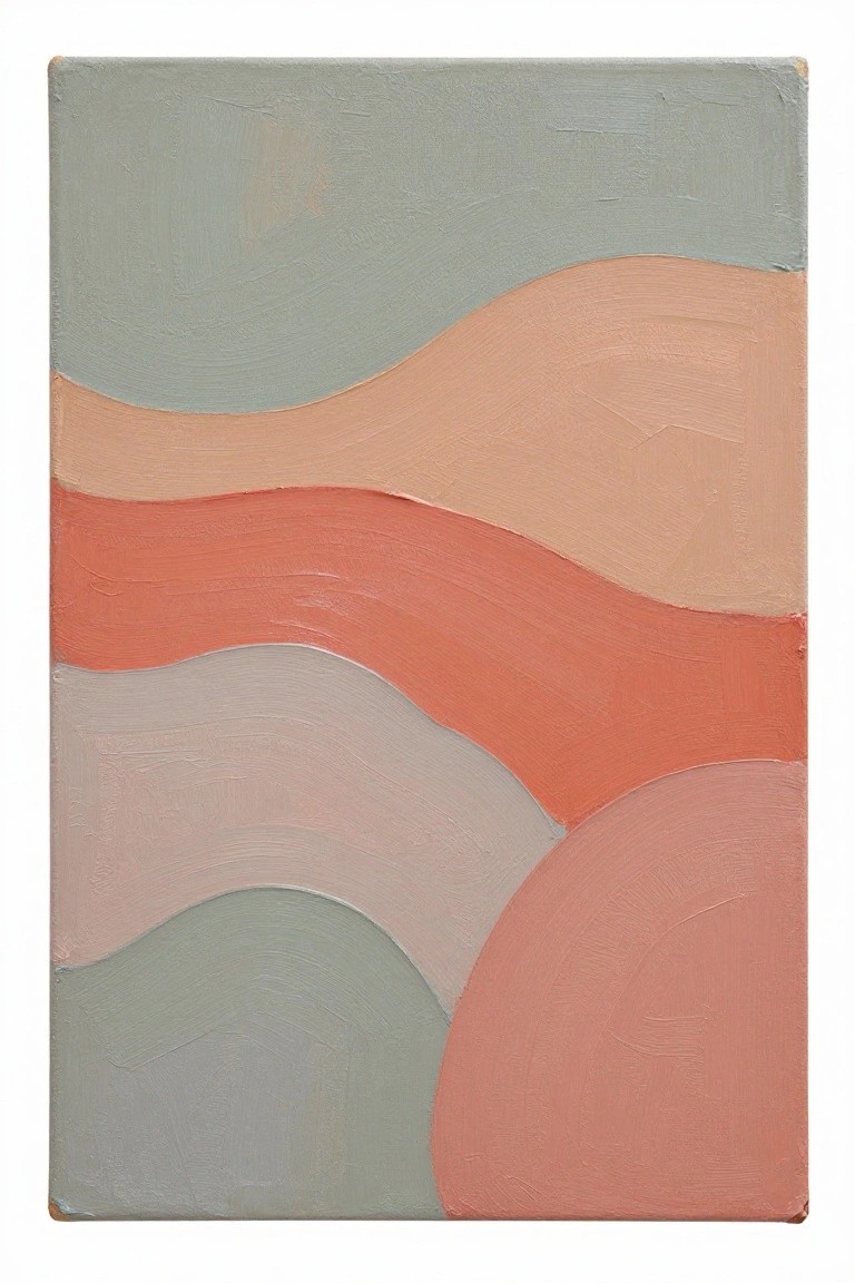 Abstract painting of wavy horizontal bands in muted green, coral, and peach.