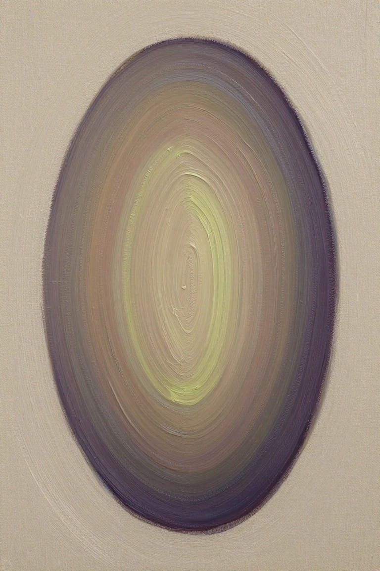 Abstract oval with concentric brushstrokes in purple, brown, and lime green.