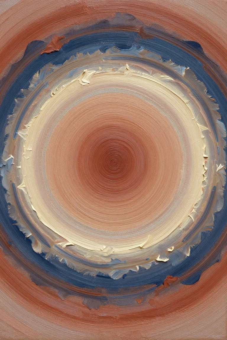 Abstract painting of textured concentric circles in terracotta, blue, and cream hues.