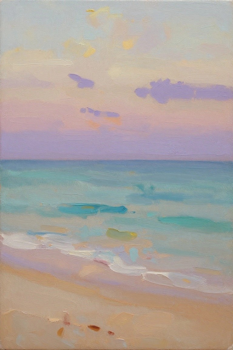 Pastel oil painting of calm turquoise waves on sandy beach under pink-purple sky.