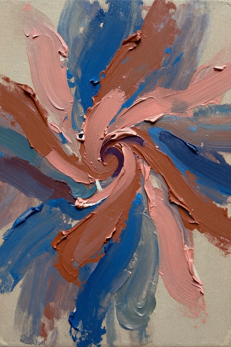 Textured abstract oil painting with swirling blue, brown, and pink brushstrokes