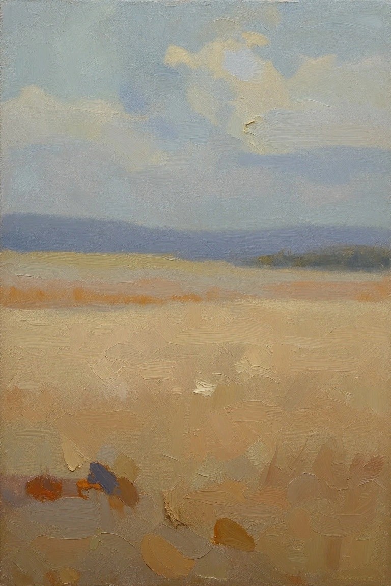 Textured painting of vast beige fields under cloudy blue sky with distant hills