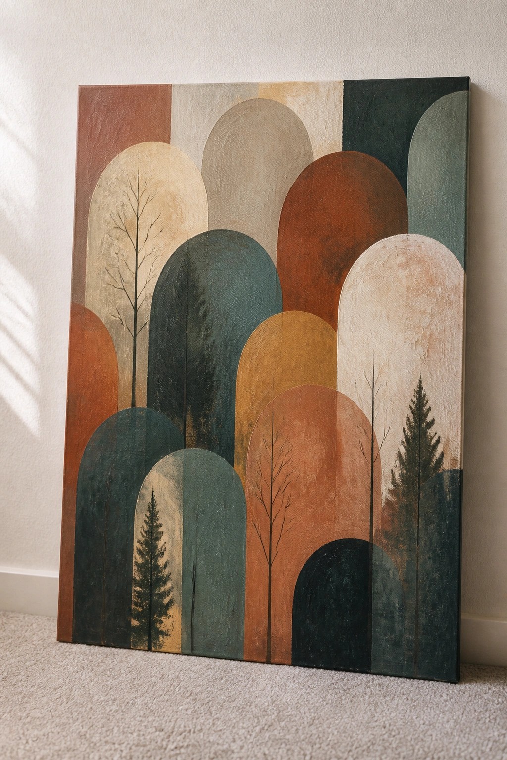 Abstract painting with overlapping arches in terracotta, teal, and mustard with tree silhouettes