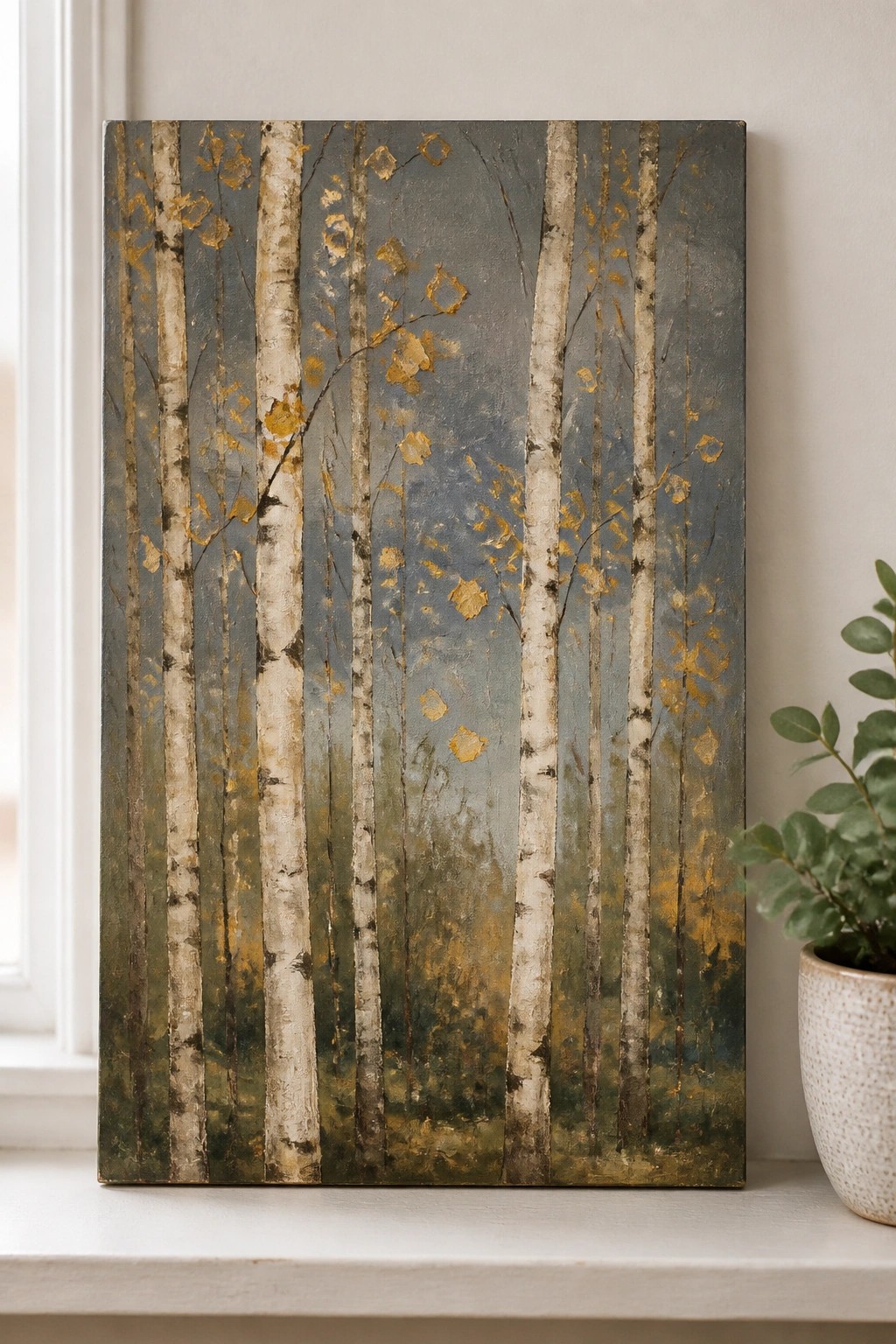 Painting of birch trees with white trunks and golden leaves beside potted plant