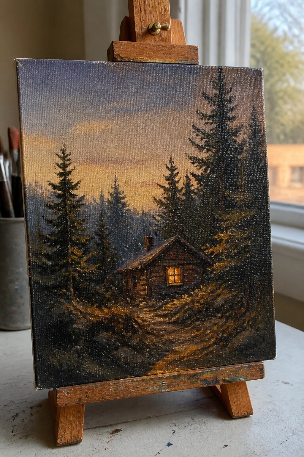 Oil painting on wooden easel of log cabin with glowing window in pine forest at sunset