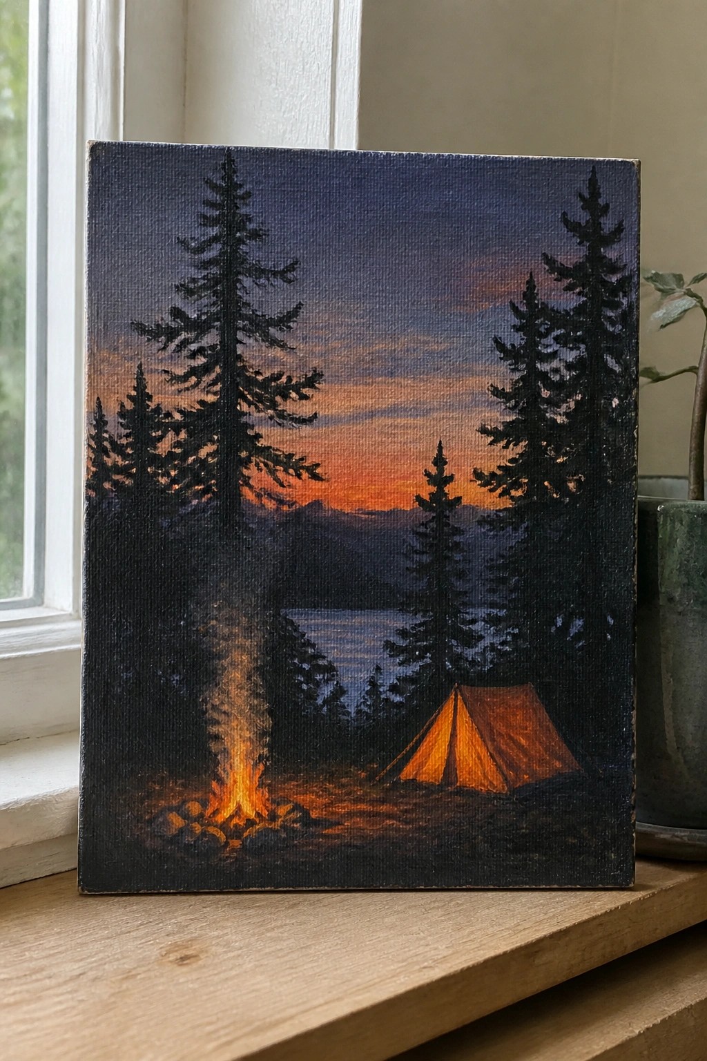 Glowing campfire beside orange tent among tall pines under vibrant sunset sky.