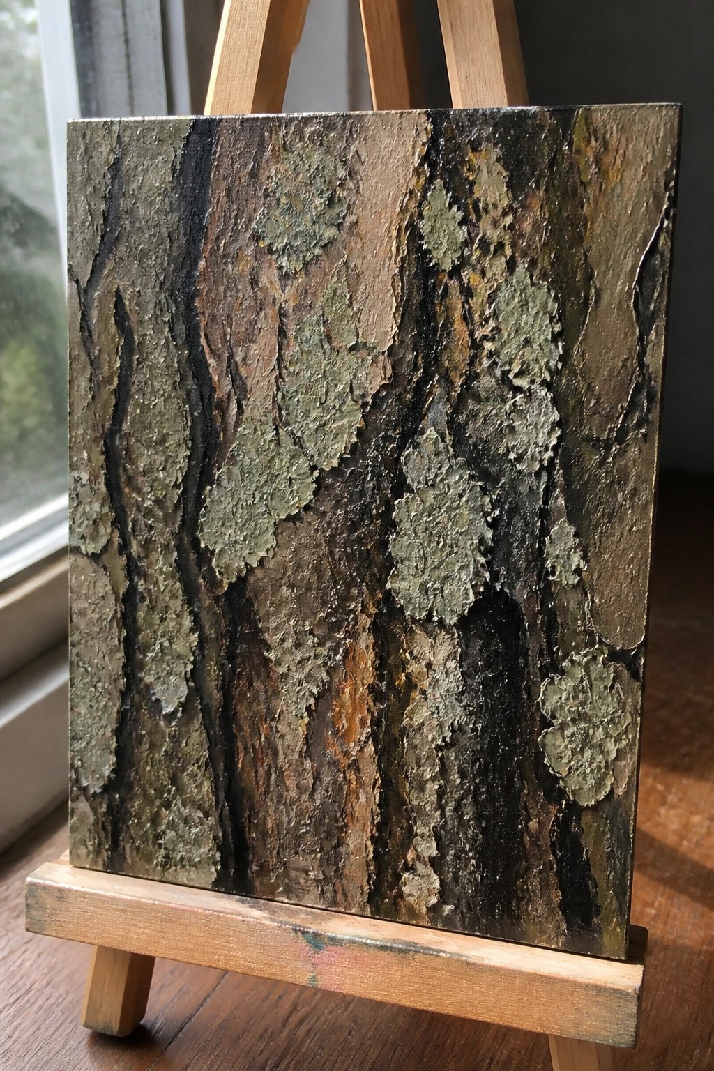 Thickly textured painting of tree bark with green lichen on wooden easel.