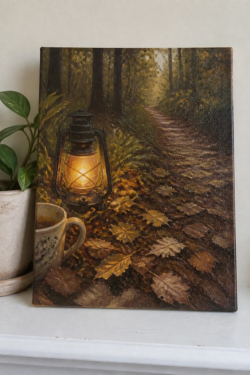 Glowing lantern on autumn leaf path in forest painting beside ceramic mug on shelf.