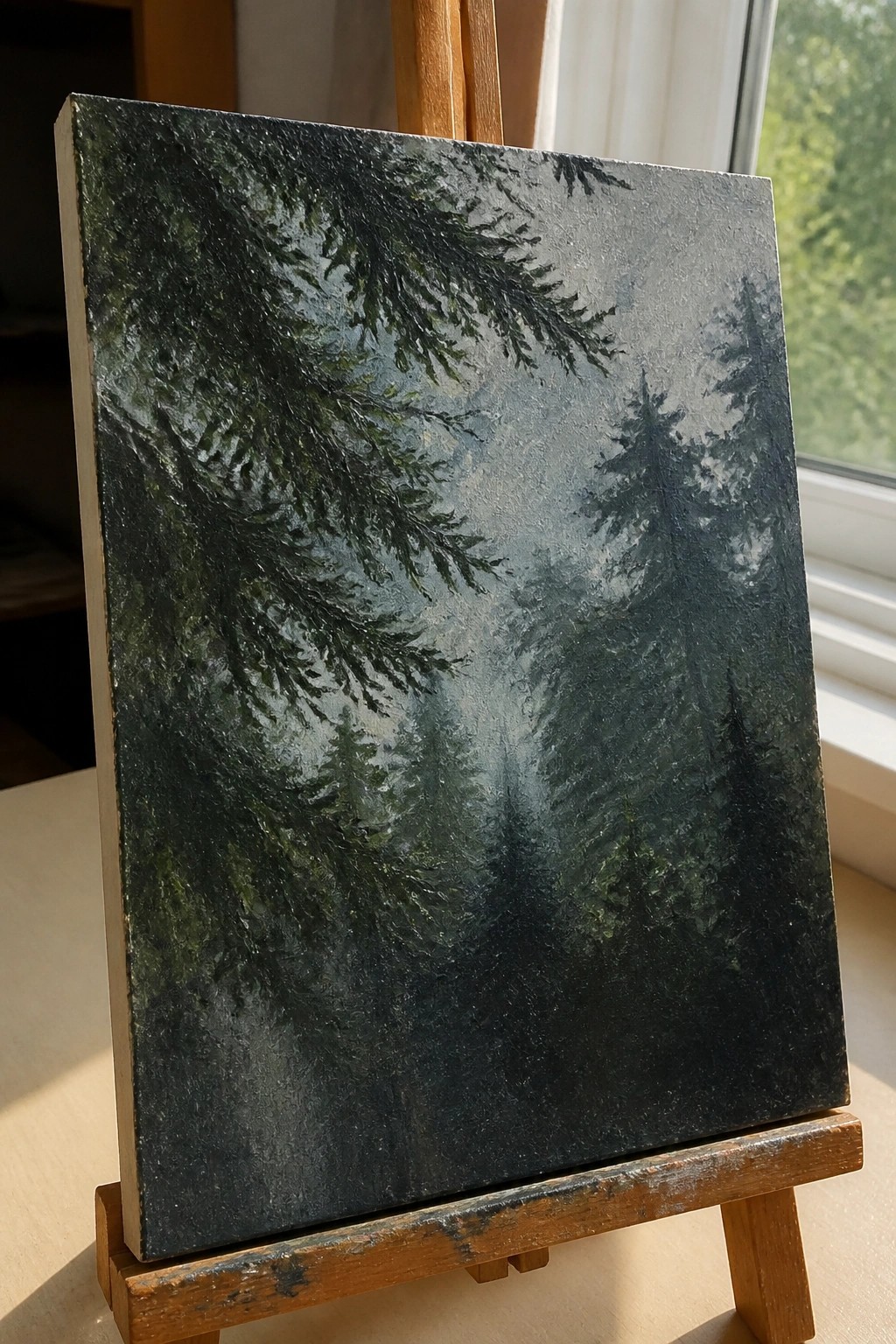 Dark misty pine forest painting on wooden easel by window