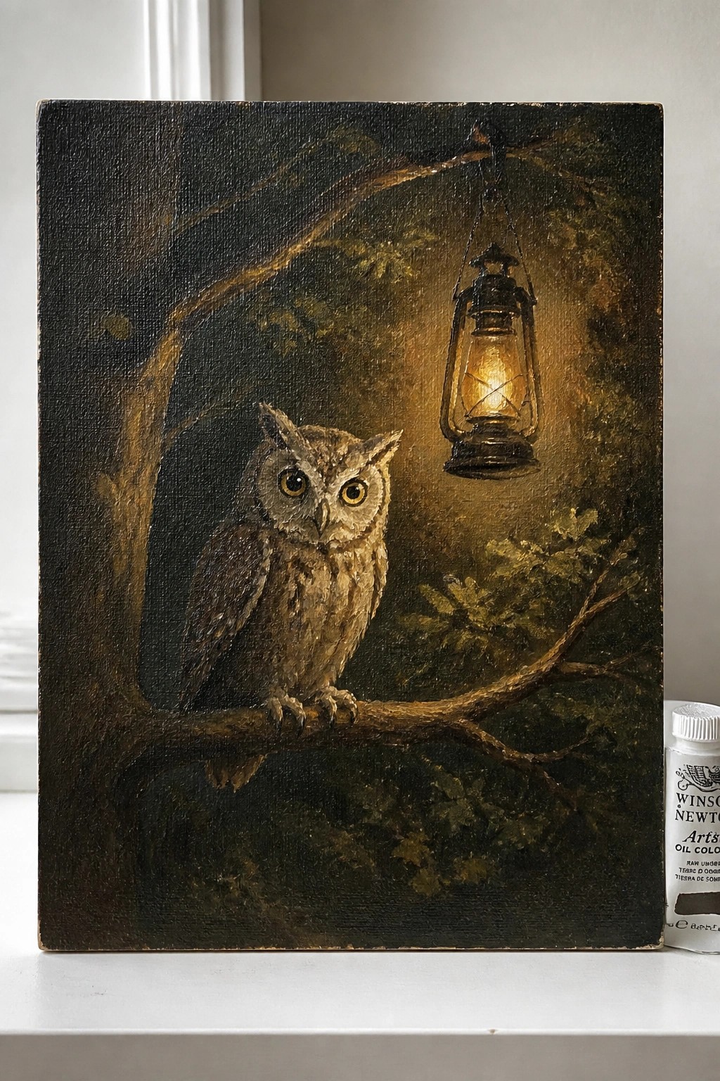 Owl perched on branch beside glowing lantern in dark forest oil painting