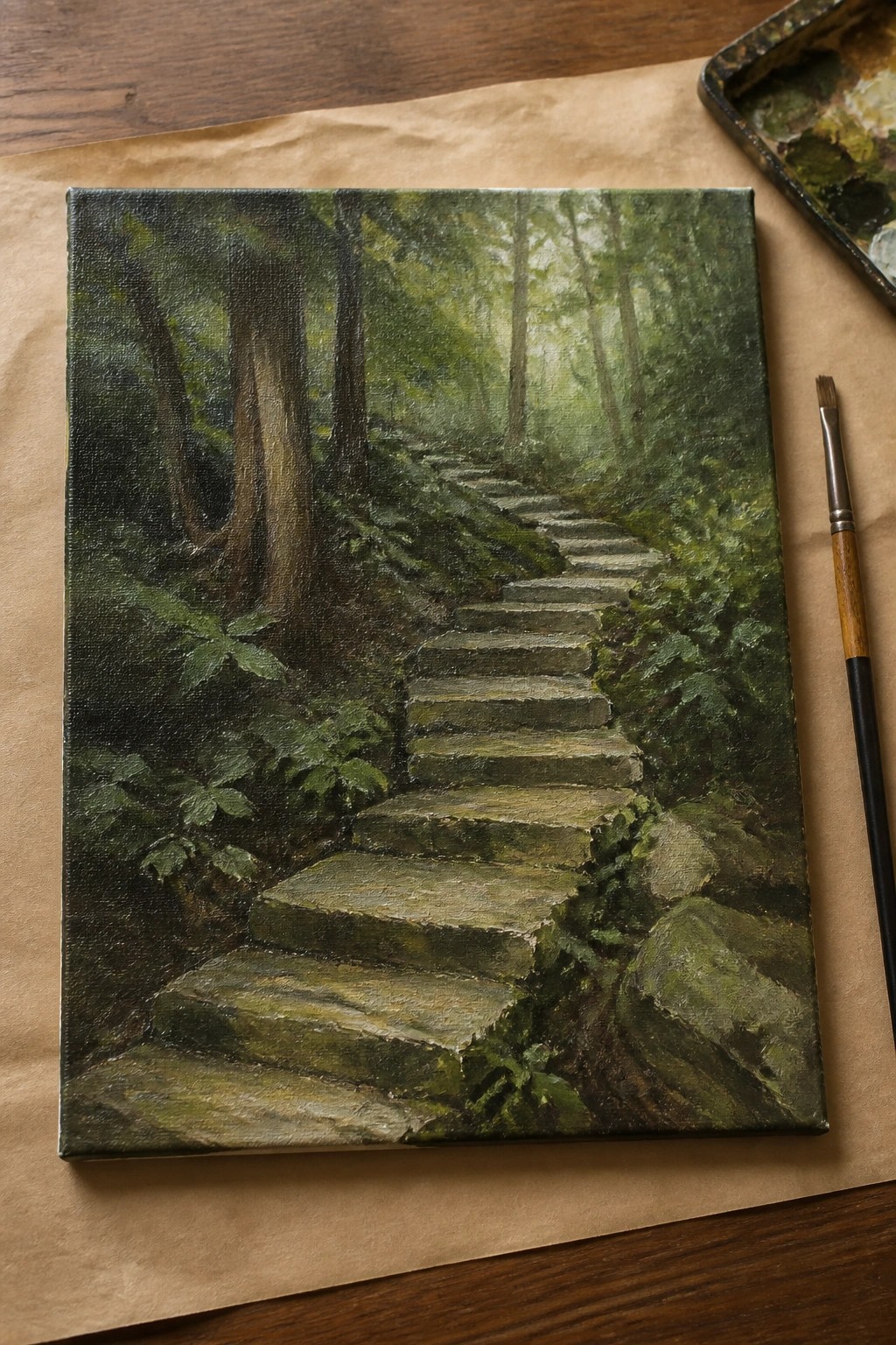 Canvas painting of mossy stone steps winding up through misty green forest, brush nearby