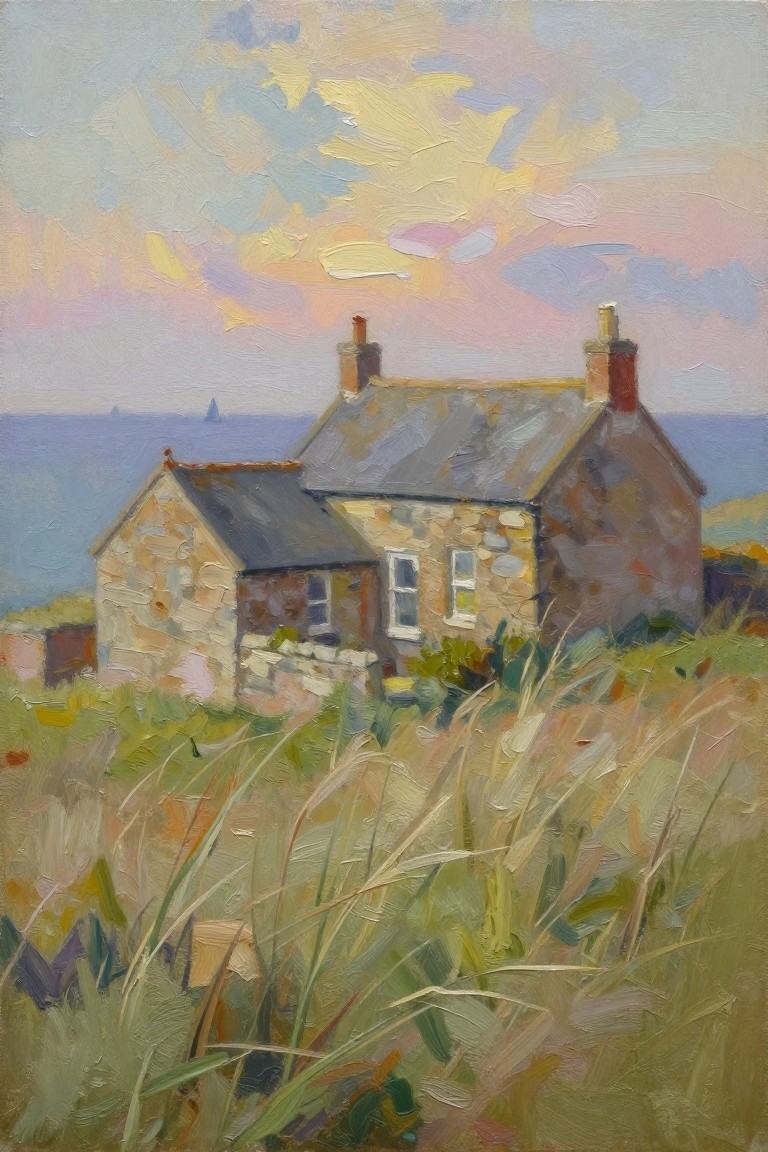 Stone cottages by the sea with tall grass under a colorful sunset sky
