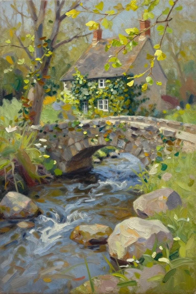 Impressionistic oil painting of stone bridge over stream by ivy-covered cottage