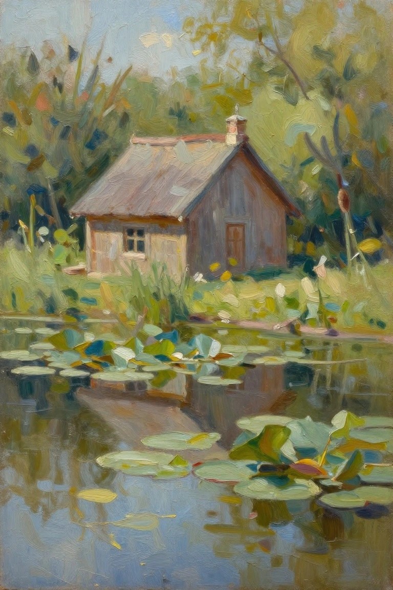 Impressionistic painting of wooden cabin by pond with green lily pads