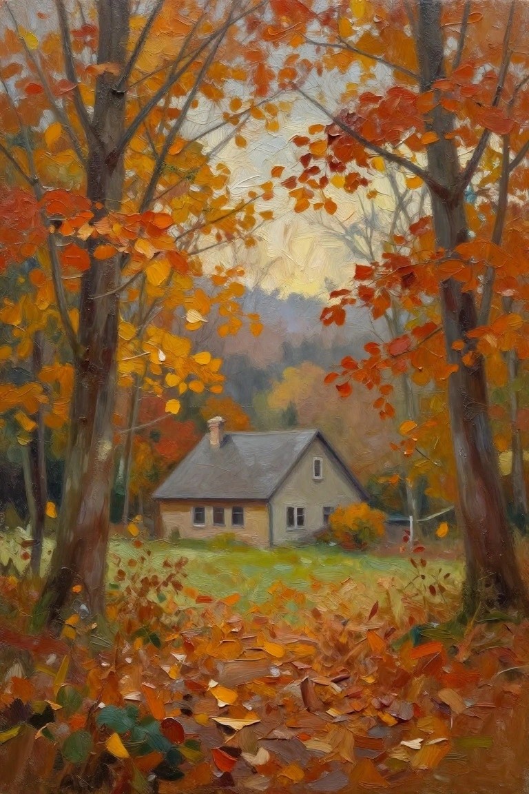 Oil painting of a small cottage with a gray roof seen through orange autumn trees with fallen leaves on the ground.