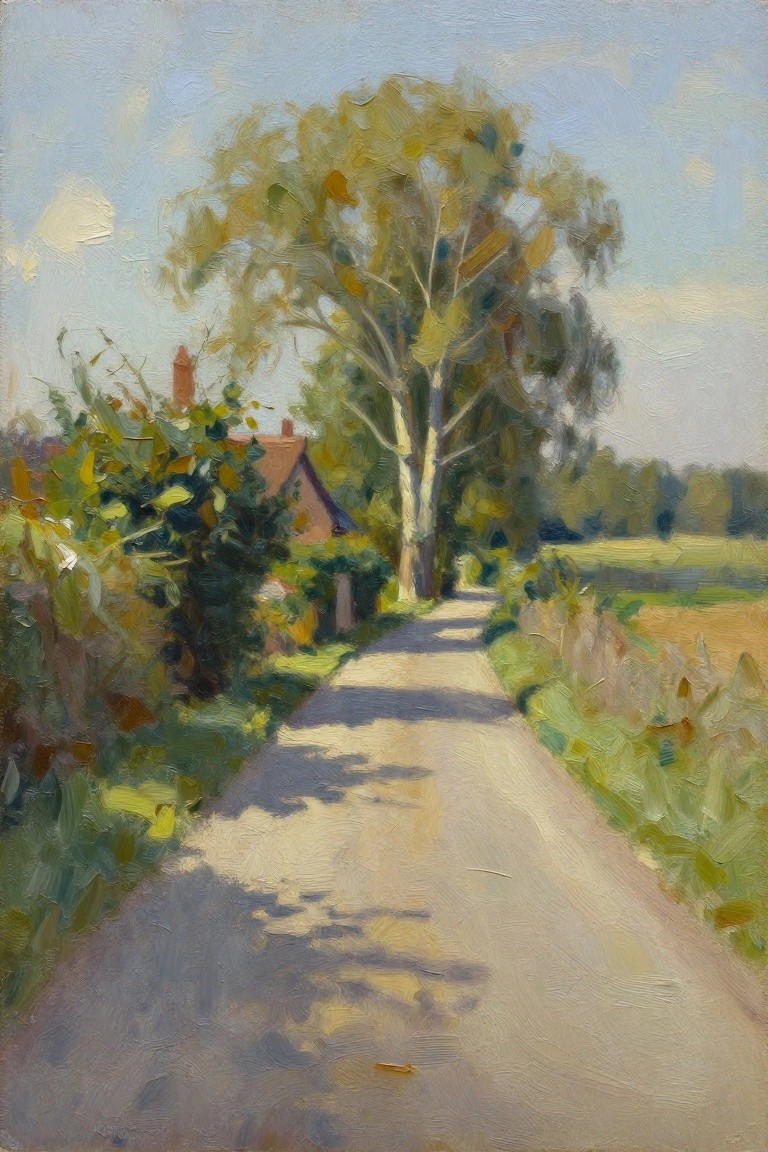 Impressionist painting of a sunlit rural path beside a leafy tree and cottage.