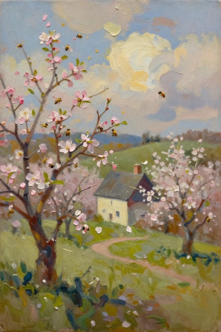 Oil painting of a yellow cottage with a winding path, surrounded by pink blossoming trees and bees in a green hilly landscape under a cloudy sky.