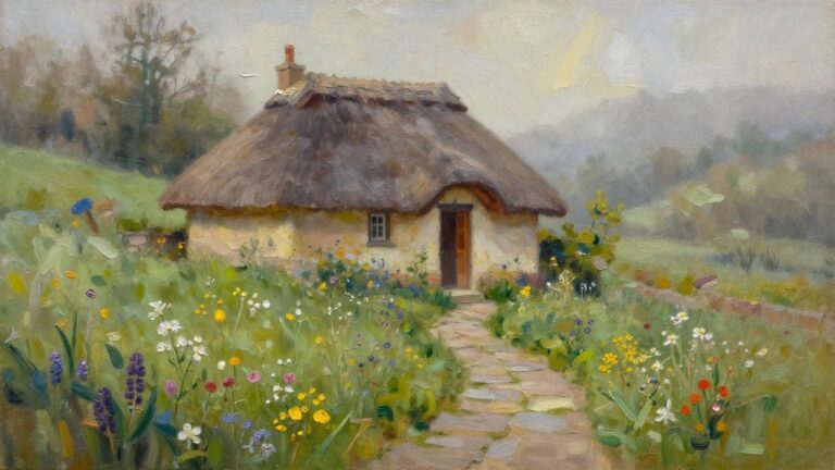 Thatched cottage with chimney and stone path through vibrant wildflowers