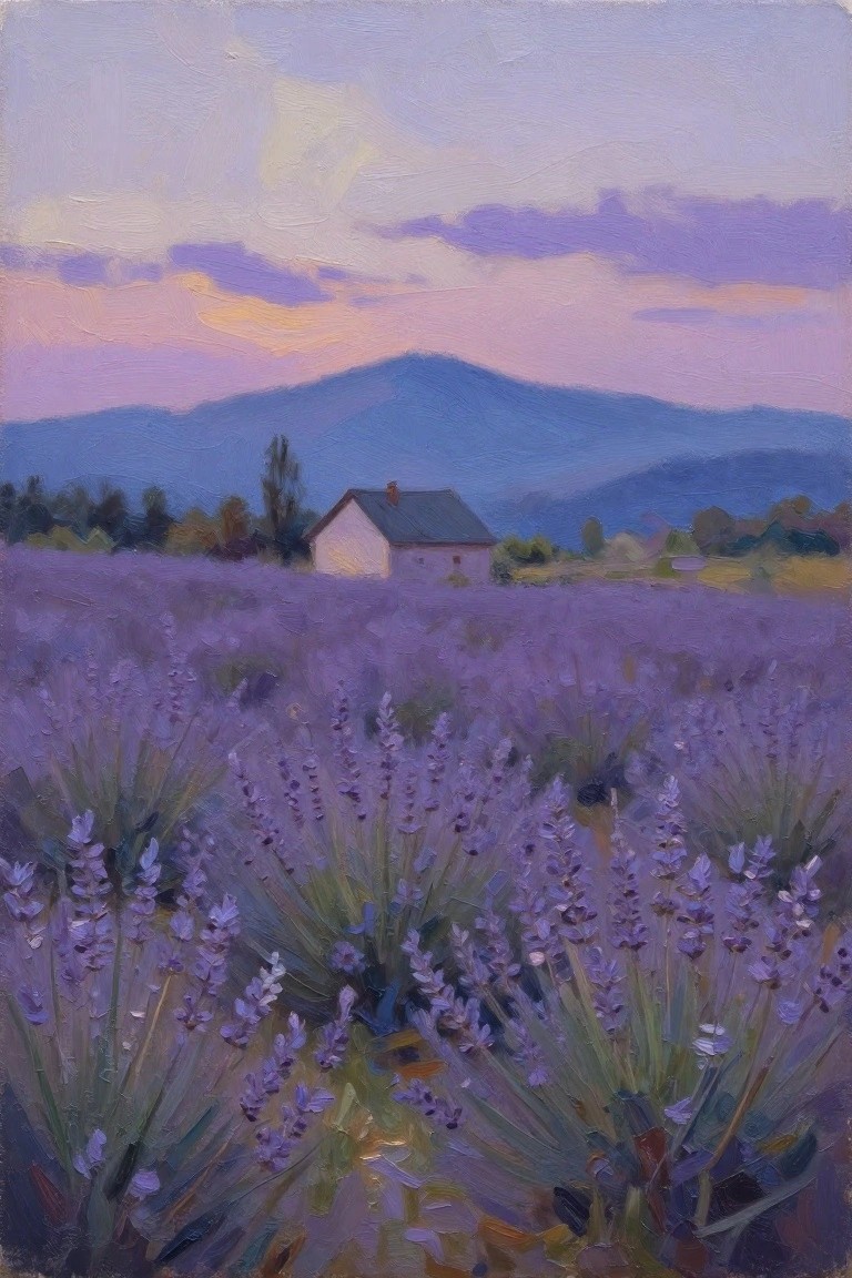 Lavender field with a white house and blue mountains under a purple-pink sky