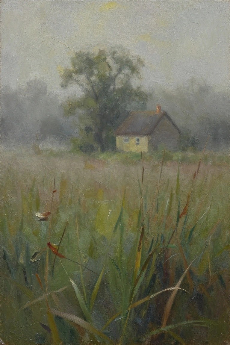 Foggy meadow with tall grass and a small yellow house near trees