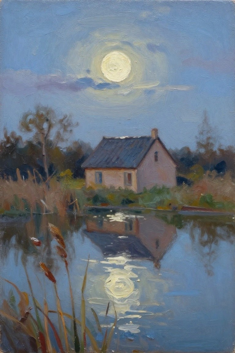 Moonlit oil painting of a small house reflected in a calm pond with reeds.