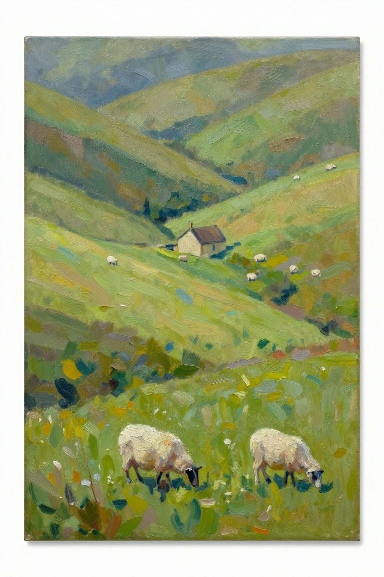 Painterly landscape of sheep grazing on vibrant green rolling hills with cottage.
